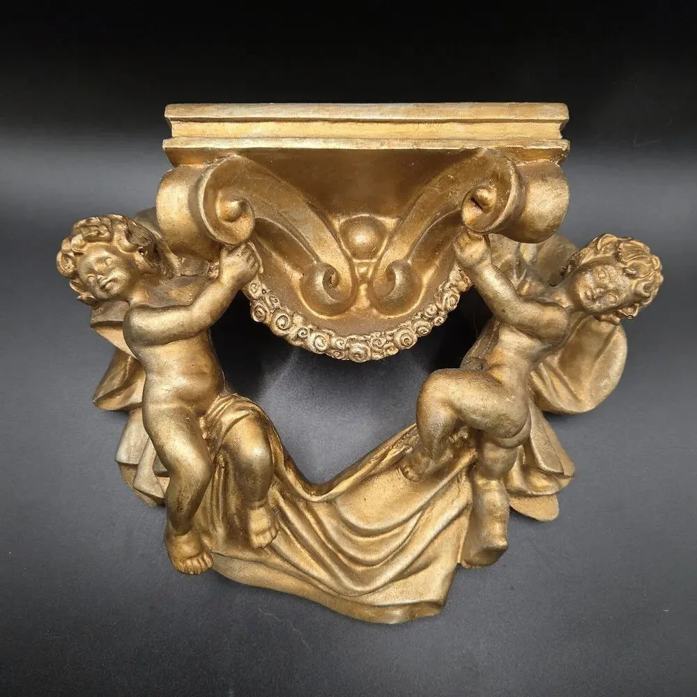 Vintage Cherub Angel Ornate Plaster Wall Gold Sconce Shelf 10”x8”